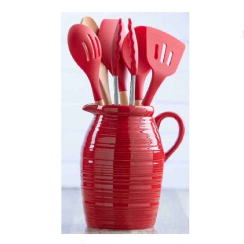 NWT Farmhouse Crock & Utensil 7 Piece Kitchen Cooking Baking Red Ceramic Set